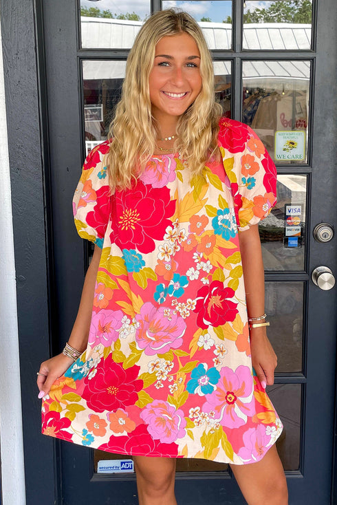 Charming Floral All Over Print Bubble Short Sleeve Summer Day Dress